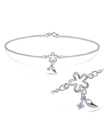 Rhodium Plated Flower and little leaf with CZ Bracelet BRS-173-RP